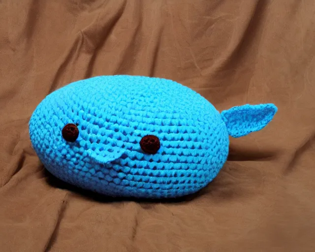 Image similar to crocheted blobfish, deep sea fish made of yarn, overstuffed with cotton stuffing, squishy, soft, plush, comfy, comfortable, comforting, soothing, sweet, tender, gentle, kind