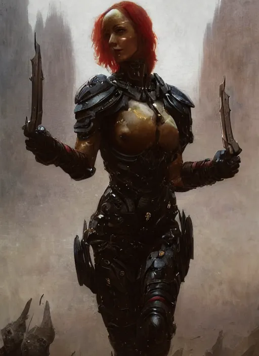 Prompt: red short haired muscular woman wearing basic black armour, detailed by gaston bussiere, bayard wu, greg rutkowski, giger, maxim verehin, greg rutkowski, masterpiece, sharp focus, cinematic lightning