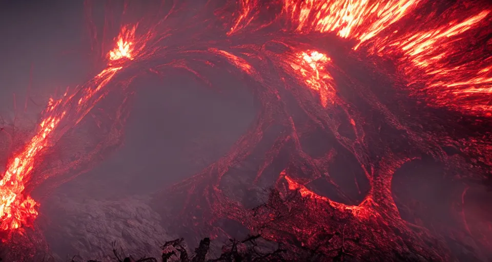 Image similar to a volcano made of ivory vines and crimson rocks enters in eruption, it spits a smoke in the shape of demonic eye, with CRYENGINE