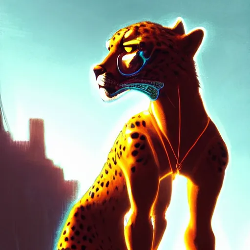 Image similar to a beautiful commission of an anthropomorphic cheetah wearing a neon jacket,futuristic,detailed face,character design by charles bowater,mohawk,cyberpunk style,deviantart,artstation,art by greg rutkowski,ross tran,professional lighting,neon city,night,raytracing,rtx