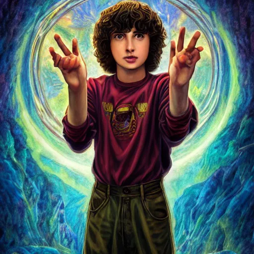 Image similar to A fantasy comic book style portrait painting of Finn Wolfhard, Stranger Things universe, real, refined, detailed digital art, Josephine wall, oil painting, William-Adolphe Bouguereau, Art Frahm, Esao Andrews, Steampunk, Walt Disney (1937) ), Highly Detailed, Cinematic Lighting, Unreal Engine, 8k, HD