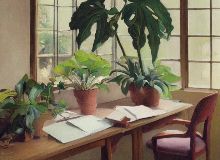 Prompt: botanical office study by herbert james draper, oil painting.