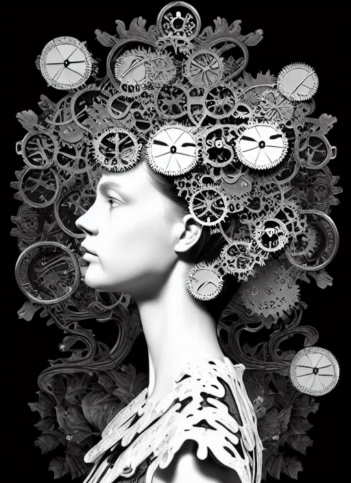 Prompt: monochrome profile portrait painting, dutch masters, silver lace floral steampunk biomechanical beautiful one techno eye young female cyborg, big monocular, volumetric light, leaves foliage and stems, hibiscus flowers, alexander mcqueen, rim light, big gothic fashion pearl embroidered collar, 8 k