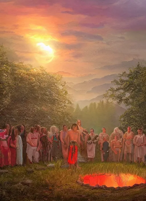 Prompt: a beautiful painting of a sweat lodge ceremony at sunset, fantasy art, matte painting, hyper detailed