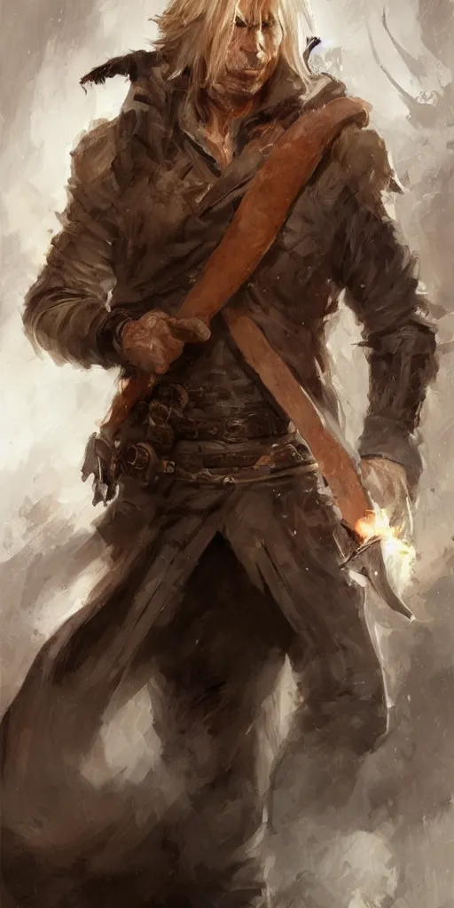 Prompt: portrait of a muscular, grim, ponytail haired blonde man in his late 30's, wearing a thick brown leather coat, looking to his side, holding a fiery dagger, hunter, DnD character, fantasy character, digital art by Ruan Jia, Krenz Cushart, Rossdraws and Boris Vallejo