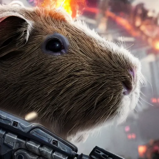 Image similar to guinea pig in gears of war, splash art, movie still, detailed face, photorealistic facial features, cinematic lighting, dramatic, octane render, long lens, shallow depth of field, bokeh, anamorphic lens flare, 8 k, hyper detailed, 3 5 mm film grain