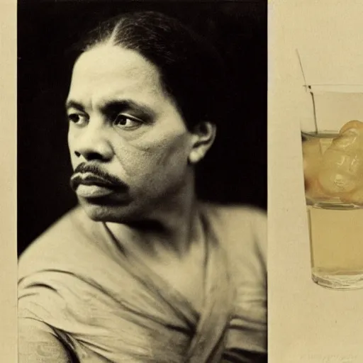 Image similar to ice - t, iced tea with a straw, by julia margaret cameron 1 8 8 0 s, realistic, body shot, sharp focus, 8 k high definition, insanely detailed, intricate, elegant