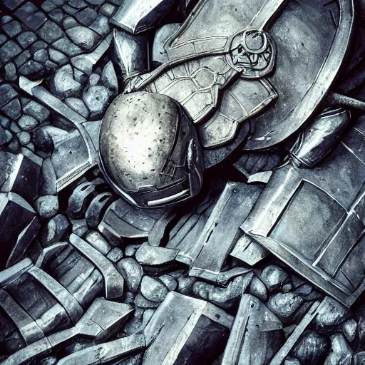 Image similar to !dream a giant suit of armor laying defeated on a stone floor, bleeding, fantasy, concept art, dramatic, action shot, hyper realistic, top-down, birds eye view, distant