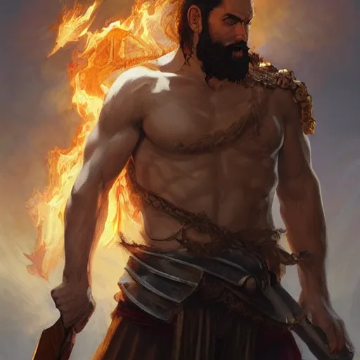 Image similar to Smattas, olive-skinned, bearded manly god of justice, with a flaming sword, D&D, highly detailed, digital painting, artstation, concept art, sharp focus, illustration, cinematic lighting, art by artgerm and greg rutkowski and alphonse mucha