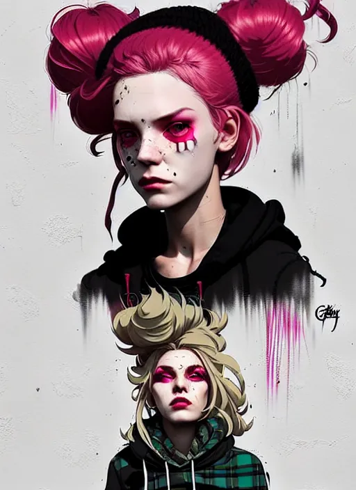 Image similar to highly detailed portrait of a sewer punk lady, tartan hoody, blonde ringlet hair by atey ghailan, by greg rutkowski, by greg tocchini, by james gilleard, by joe fenton, by kaethe butcher, gradient magenta, black, blonde cream and white color scheme, grunge aesthetic!!! ( ( graffiti tag wall background ) )