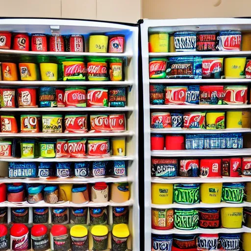Image similar to a fridge full of coffee cups, coca colas and monsters cans