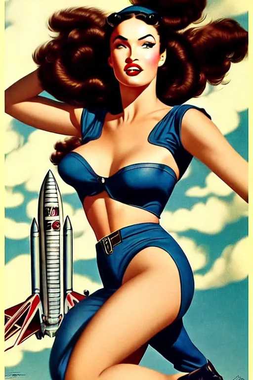 Image similar to beautiful megan fox retro space varga girl riding a rocket in a diesel punk city, windblown dark hair, retro pinup model, seductive, 1 9 4 0, glamour pose, intricate, smoke, hyper detailed, digital art, smooth, sharp focus, alberto vargas, gil elvgren, greg rutkowski