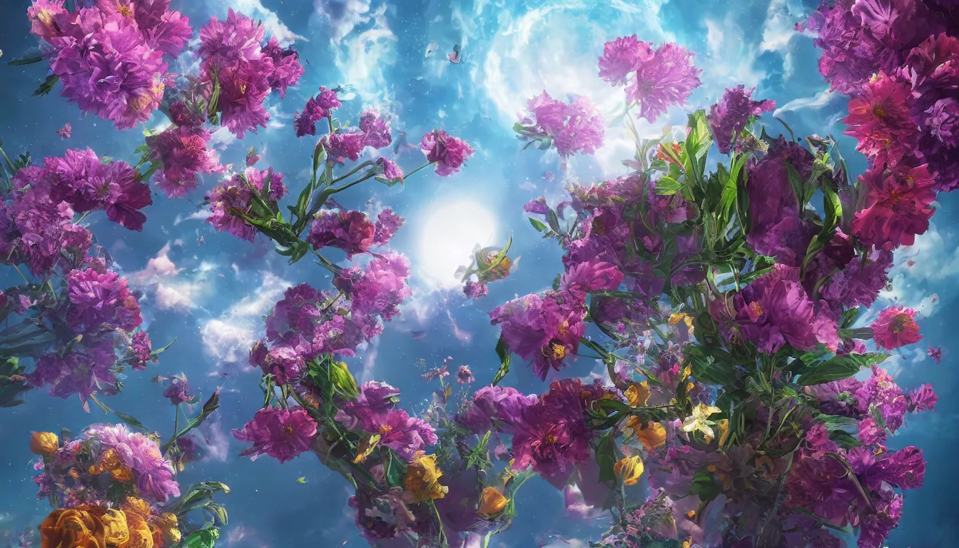 Image similar to An epic fantastic realism comic book style painting of the most beautiful flowers launched into space, bouquets, fisheye lens, unreal 5, DAZ, hyperrealistic, octane render, dynamic lighting