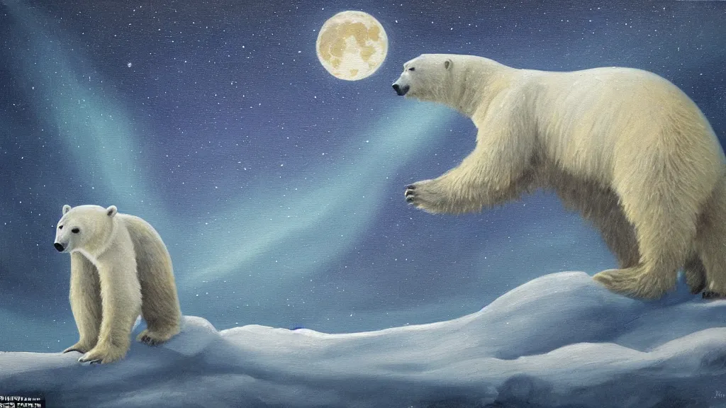 Image similar to an oil painting of a polar bear traversing a snowy landscape at night, the northern lights and the moon are visible