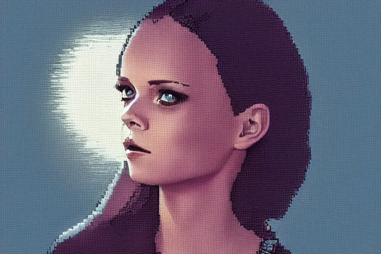 Image similar to christina ricci under the dark sun, beautiful detailed pixelart by albertov, intricate details, beautiful, dithered gradients, volumetric lighting, cgsociety, artstation, 2. 5 d illustration, dan mumford