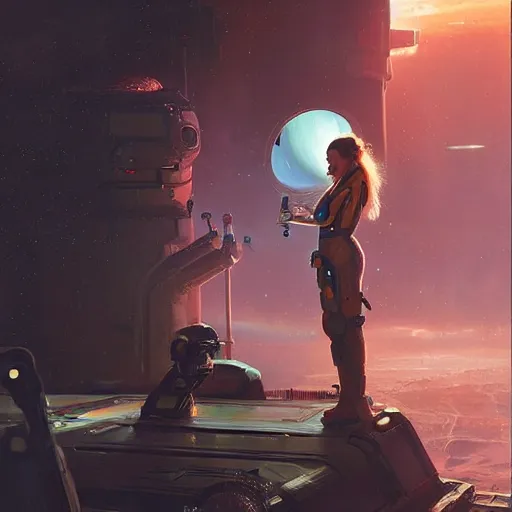 Image similar to a space soldier woman drinking beer from a space station bar, Matte painting , detailed painting, greg rutkowski