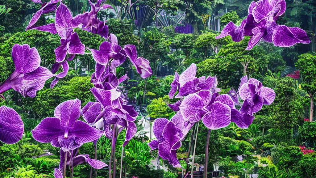 Image similar to giant purple orchid growing of out gardens by the bay in singapore. andreas achenbach, artgerm, mikko lagerstedt, zack snyder, tokujin yoshioka