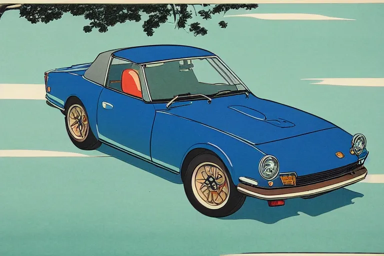 Image similar to ukiyo - e painting of a 1 9 6 9 datsun fairlady roadster