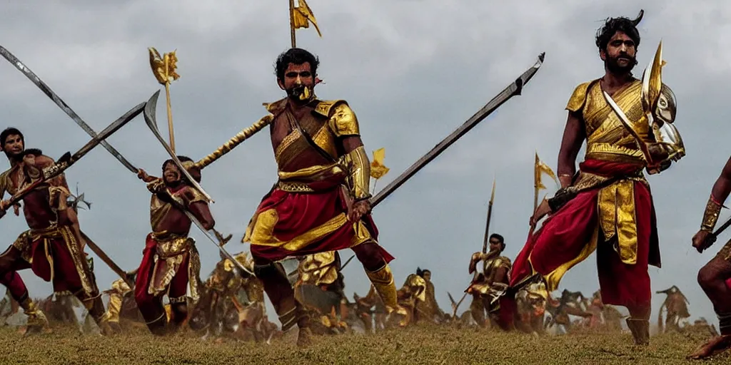 Prompt: sri lankan warriors with swords, film still, epic shot cinematography, rule of thirds, fantasy movie style