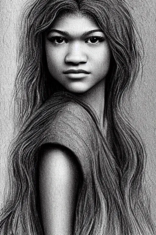 Image similar to a portrait of zendaya in the style of leonardo da vinci drawing,, single head, no double head,