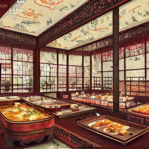 Image similar to a beautiful hyperdetailed interior render of roasted string hotpot elementary small shop, from china, with merchant logo, simply style, fine delicate structure, chinese style, victo ngai, 4 k hd