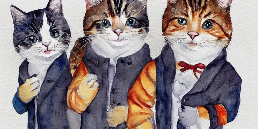 Image similar to watercolor illustration style, cute! cats!!! in jackets grow up like specialist and became professionals, business, inspiring art