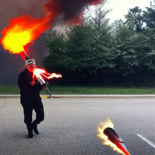 Image similar to photo of a clown using a flamethrower projecting a long bright flame towards a house fire