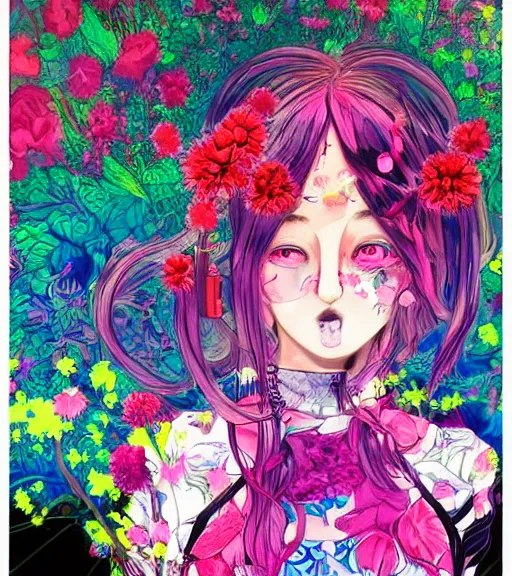 Prompt: very beautiful portrait painting of a floral glitchpunk magical girl in a blend of manga - style art, augmented with vibrant composition and color, all filtered through a cybernetic lens, by hiroyuki mitsume - takahashi, pastel colors