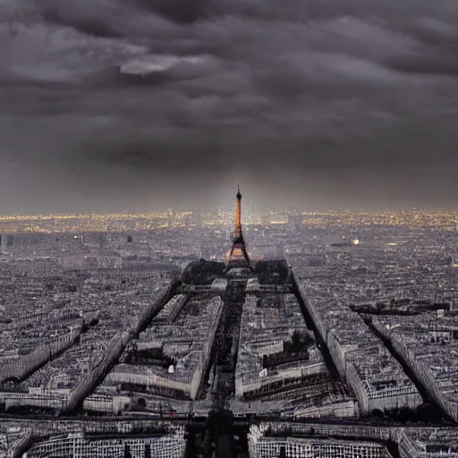 Prompt: paris city during apocalypse, volumetric light, scenic view, profound dark scary