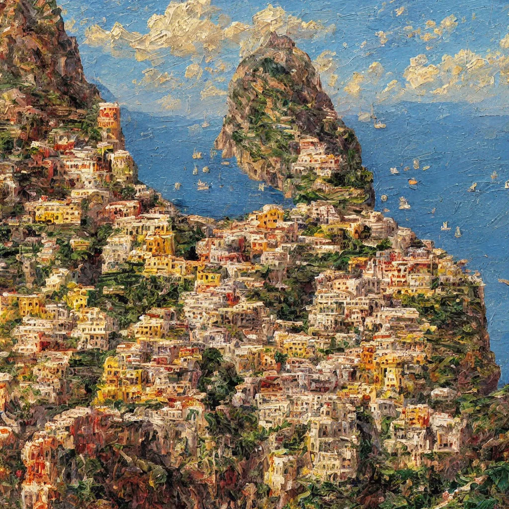 Prompt: 3d high relief painting Amalfi painted in the style of the old masters, painterly, thick heavy impasto, expressive impressionist style, painted with a palette knife
