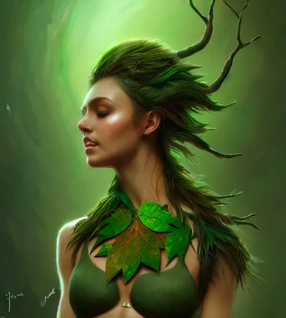 Image similar to beautiful female tree with bark skin wearing green leaf halter top, perfect face, dark green leaf hair, with abs, cinematic, blush, stunning, elegant, highly detailed, psychedelic, digital painting, artstation, smooth, hard focus, illustration, art by jessica rossier and and brian froud