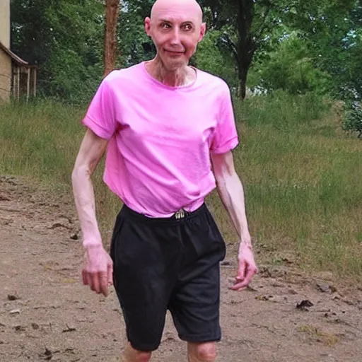 Prompt: bald skinny man in a pink t - shirt and pink pants, a colorized photo by hinchel or, tumblr, fantastic realism, colorized, handsome, da vinci