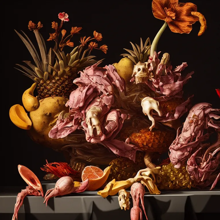 Image similar to still life of rotten flesh, beautiful tropical flowers, human spine, tropical fruit baroque painting, beautiful detailed intricate insanely detailed octane render, 8K artistic photography, photorealistic, chiaroscuro, Raphael, Caravaggio