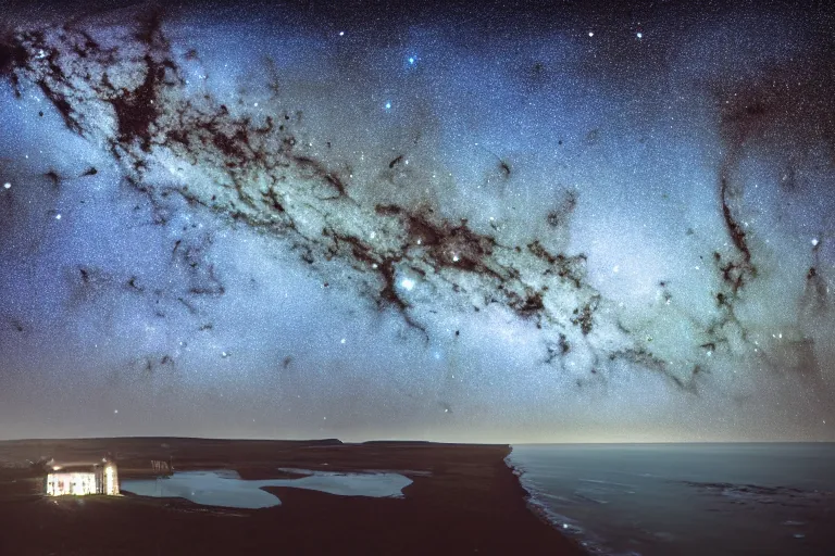 Prompt: a deep field astrophotography astronomy photo of the pleiades cluster, messier 4 5, mutsuraboshi, double exposure with a nighttime landscape photo of the seven sisters cliff faces in cuckmere haven, famous composition with cottage, lpoty, award winning, beautiful, astronomy photo of the year, detailed milky way