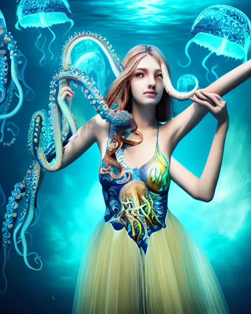 Image similar to a beautiful girl underwater wearing an octopus dress surrounded by glowing jellyfish, 8 k realistic, hyperdetailed, beautiful lighting, detailed background, depth of field, symmetrical face, frostbite 3 engine, cryengine