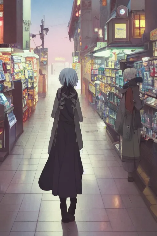 Image similar to a white haired girl with a guitar on her back shopping at a convenience store at night, grey and dark theme, s line, 4 5 angel by krenz cushart and mucha and makoto shinkai, 4 k resolution