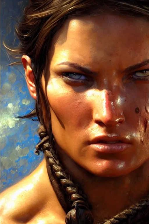 Image similar to muscular sweat lara croft, exhausted face close up, highly detailed painting by gaston bussiere, craig mullins, j. c. leyendecker 8 k