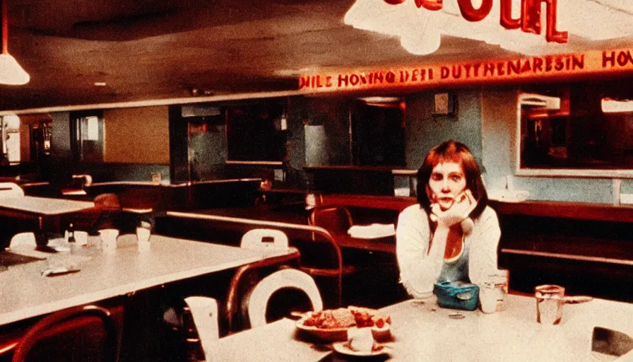 Image similar to 7 0 s film still from a horror movie of one person sitting at an empty diner, kodachrome, cinecolor, cinestill, film grain, film texture, retro, cinematic, high resolution, photorealism,