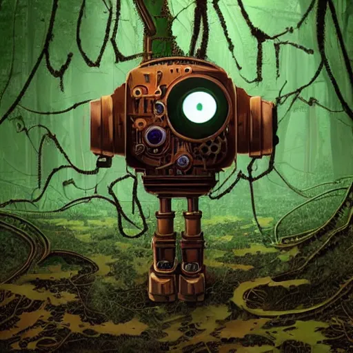 Prompt: mechanical_steampunk_robot_with_large_head_and_glowing_eyes_in_haunted_swamp_surrounded_by_dense_forest_with_vines_hanging_from_trees_creepy_a_-W_1024_-n_9_-i