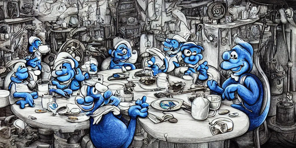 Prompt: high detailed color drawing of smurfs and long white bones black and white, tables, tools, leaking oil, line art, pen & ink drawing