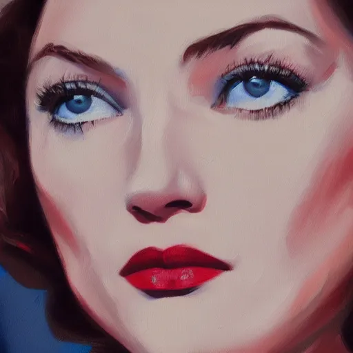 Prompt: oil painting by John Clymer, in the style of John Clymer, painting by John Clymer of a young beautiful Gene Tierney color studio publicity photo , tight face shot portrait, highly detailed, digital painting, artstation, concept art, illustration, art ,