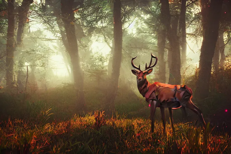 Image similar to super detailed lowpoly art, red deer in an undergrowth, unreal engine, retrowave color palette, 3 d render, lowpoly, earthy colors, digital art, perspective