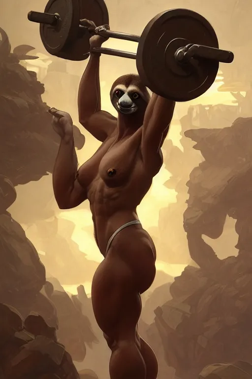 Image similar to anthro sloth lifting weights, dim dingy gym, dynamic pose, fantasy, intricate, elegant, highly detailed, digital painting, artstation, concept art, matte, sharp focus, illustration, art by artgerm and greg rutkowski and alphonse mucha