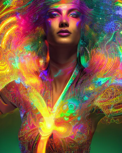 Image similar to a powerful energy psychedelic woman, by alexander fedosav, hyper detailed digital matte painting, concept art, hyperrealism, 1 6 k resolution, cinema 4 d, 8 k resolution, trending on artstation, behance hd, a masterpiece, by stephan martiniere, particles, cel - shaded, power bright neon energy, by david a. hardy,