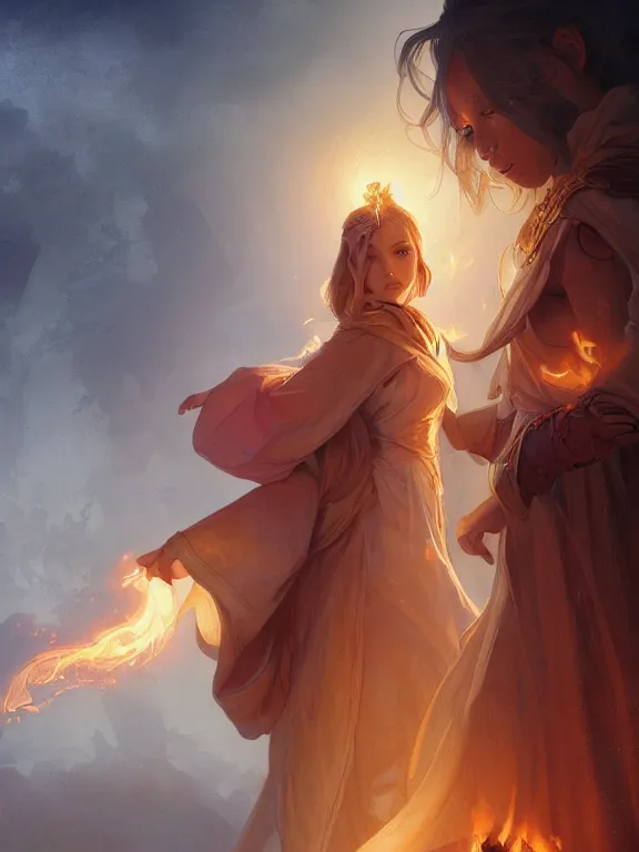 Image similar to young summoner with a fire elemental, fantasy, female, thick robes, intricate, elegant, highly detailed, digital painting, artstation, concept art, wallpaper, smooth, sharp focus, illustration, art by artgerm and greg rutkowski and alphonse mucha