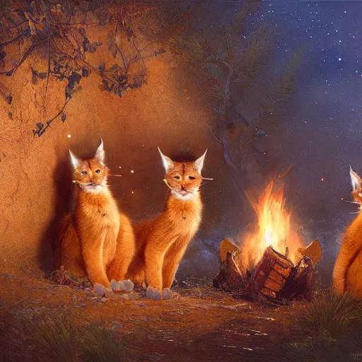 Prompt: three cute caracals wearing red bows, campfire, night, atmospheric lighting, intricate, volumetric lighting, digital art, highly detailed by gaston bussiere, craig mullins, j. c. leyendecker 8 k