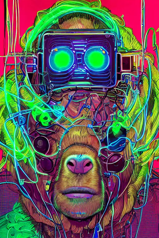 Image similar to stunning highly detailed portrait of an ugly old billy goat with cyber headgear surrounded by wires, neon colors, oil on canvas, strong lighting, by Josan Gonzalez, HD, 4K