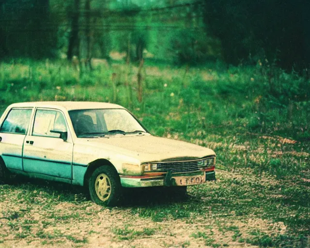 Image similar to a lomographic photo of old lada 2 1 0 7 standing in typical soviet yard in small town, hrushevka on background, cinestill, bokeh