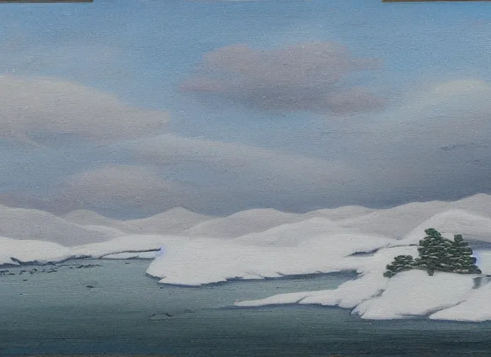 Image similar to the coast of hokkaido in winter, japan in the style of hudson river school of art, oil on canvas