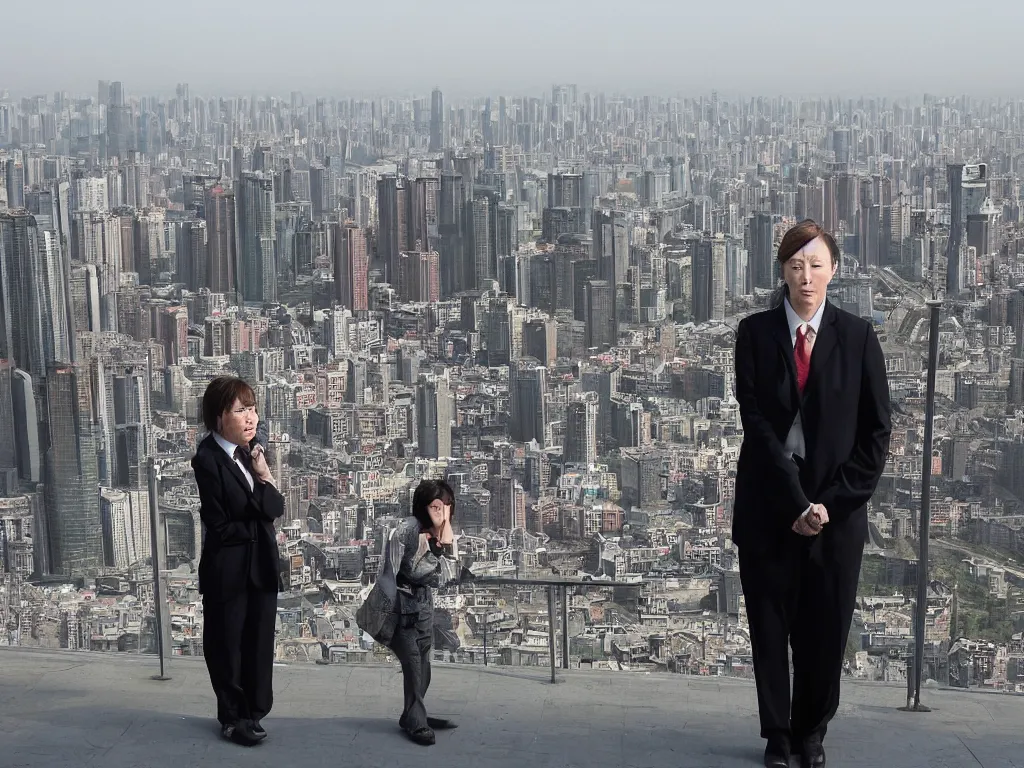 Prompt: ‘The Center of the World’ (Cindy Sherman photograph, wearing a business suit, with city in the background) was filmed in Beijing in April 2013 depicting a white collar office worker. A man in his early thirties – the first single-child-generation in China. Representing a new image of an idealized urban successful booming China.